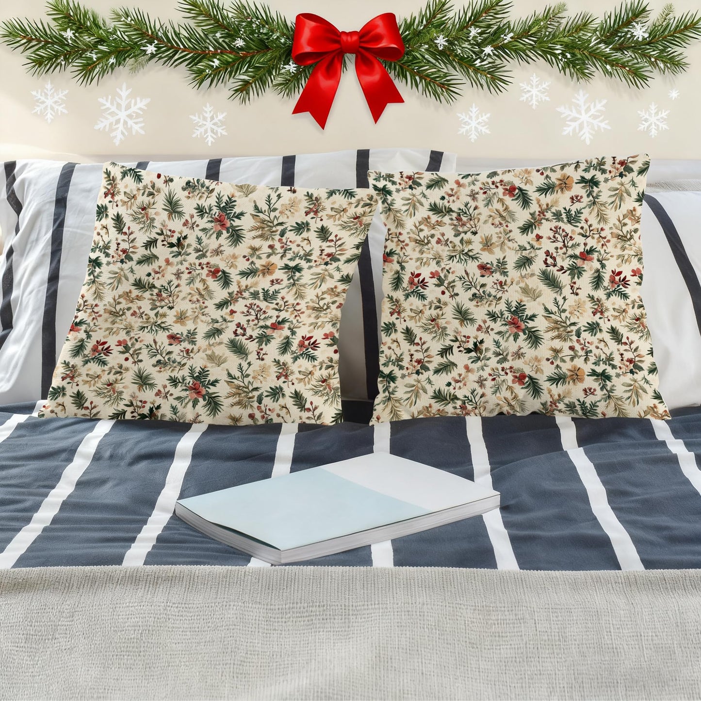 Exqcom Rustic Christmas Floral Pillow Covers 18x18 Set of 2, Farmhouse Christmas Decor, Boho Holly Leaves Pine Xmas Botanical Throw Pillow Covers for Home Living Room Bedroom