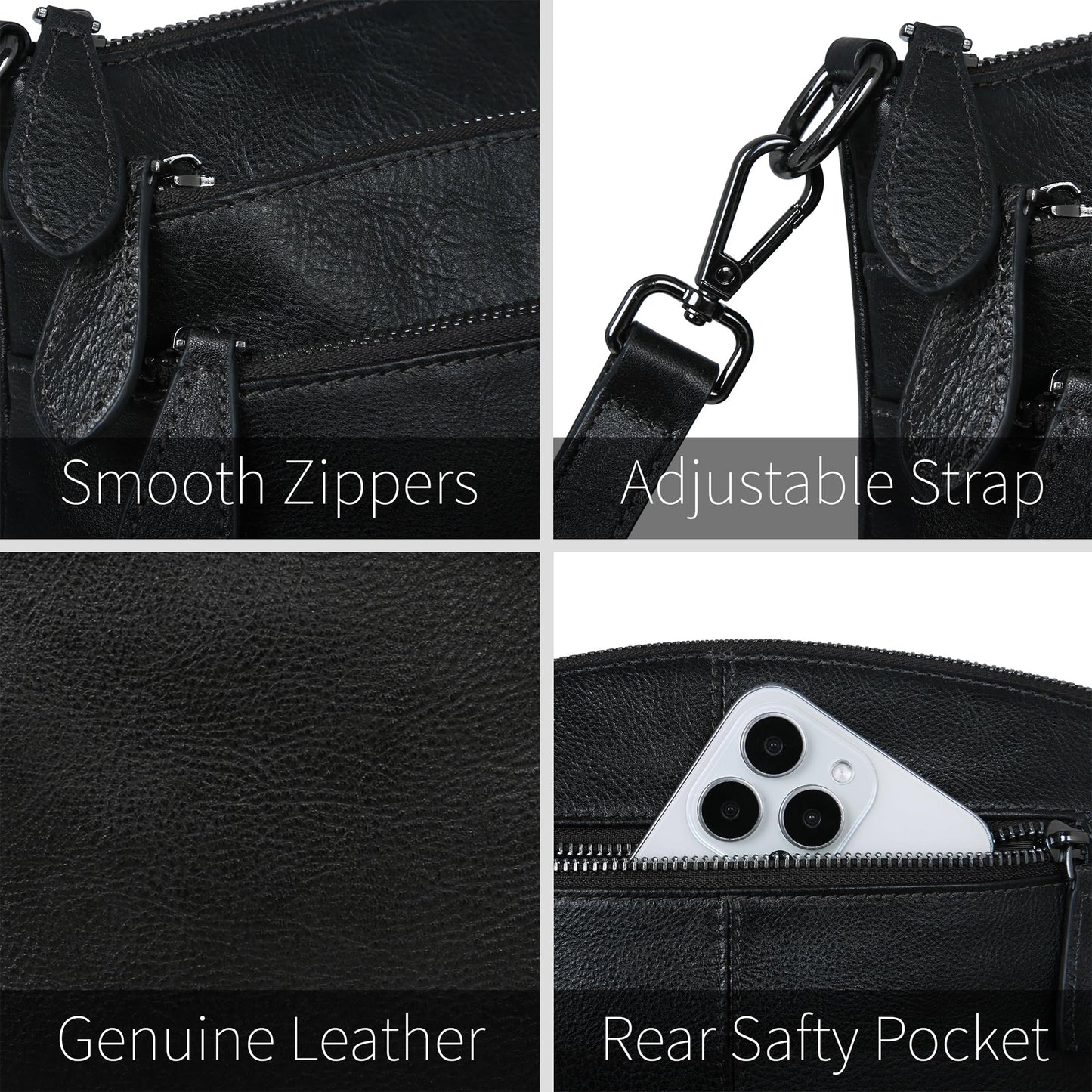 HESHE Crossbody Purses for Women Genuine Leather Purses and Handbags Designer Satchel Purse with Multi-Pockets Vintage Small Shoulder Bags Ladies Hobo Bag (Black)