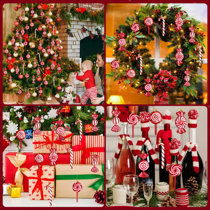 36 Pcs Christmas Candy Ornaments Hanging Glitter Candy Cane Christmas Tree Decoration Red Plastic Peppermint Lollipop Ornament with Golden Ropes for Xmas Home Party Decorations