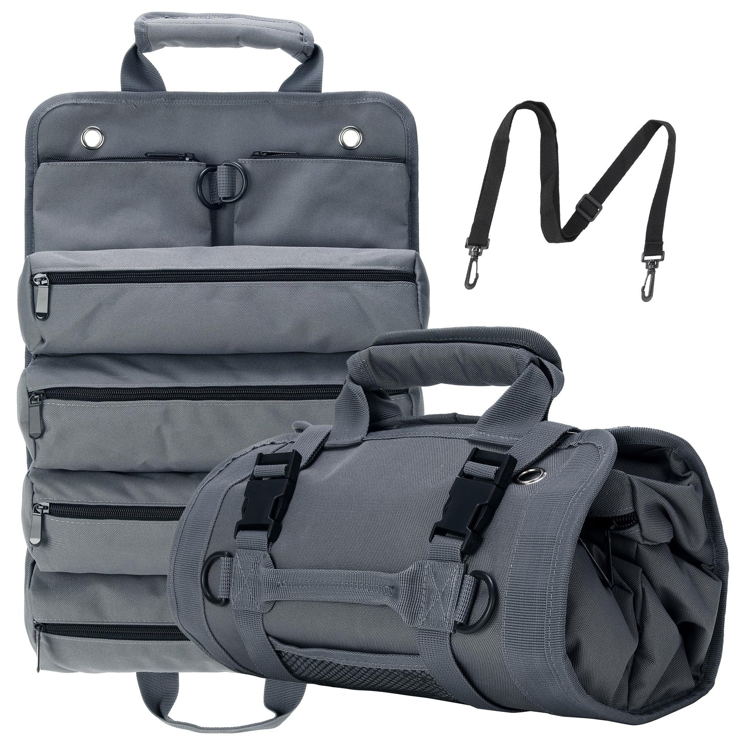 W WINTMING Tool Roll Bag, Tool Bag Organizer, Tool Carrier Roll UP Storage Pouches with 6 Zipper Pockets & Strap, Gifts for Men Mechanic Electrician Hobbyist (Gray)
