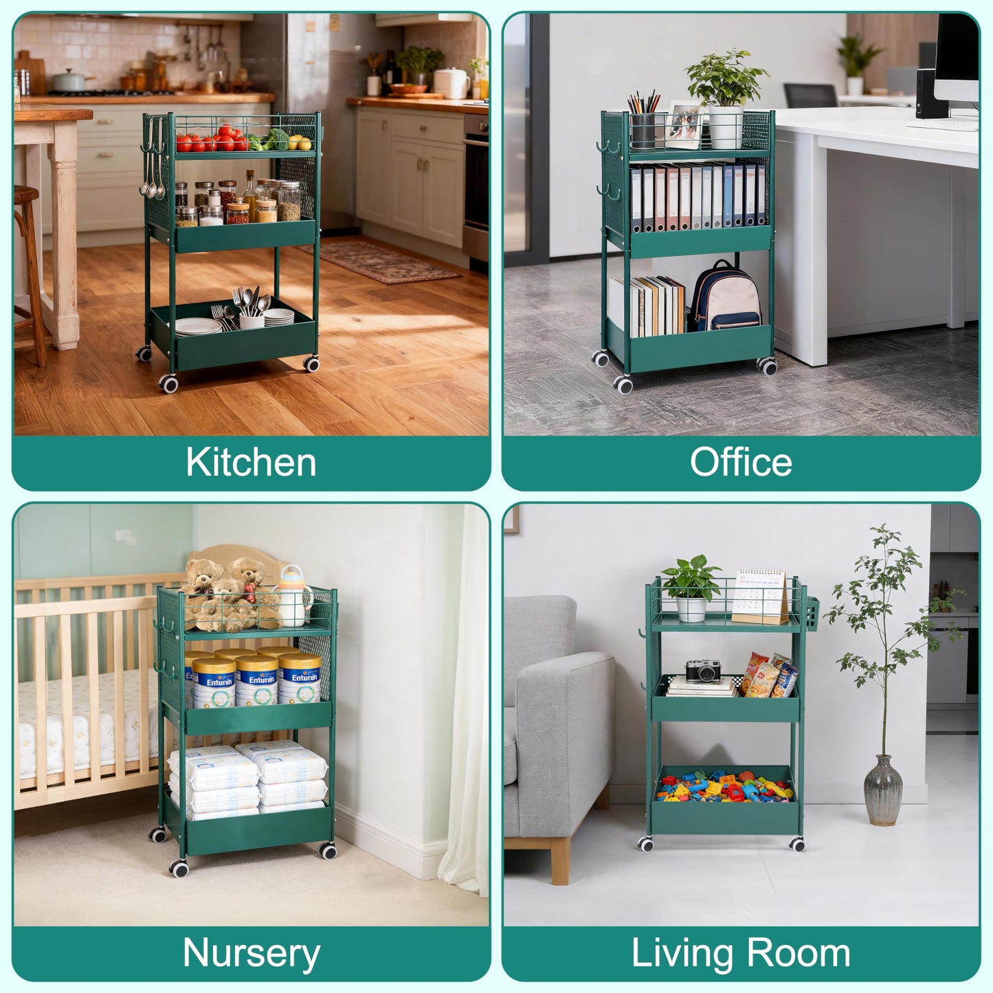 3-Tier Rolling Storage Cart Metal Utility Cart with Wheels, Office Organizer with Hanging Cups, Hooks, Book Snack Craft Mobile Shelving Unit for Office Kitchen Nursery