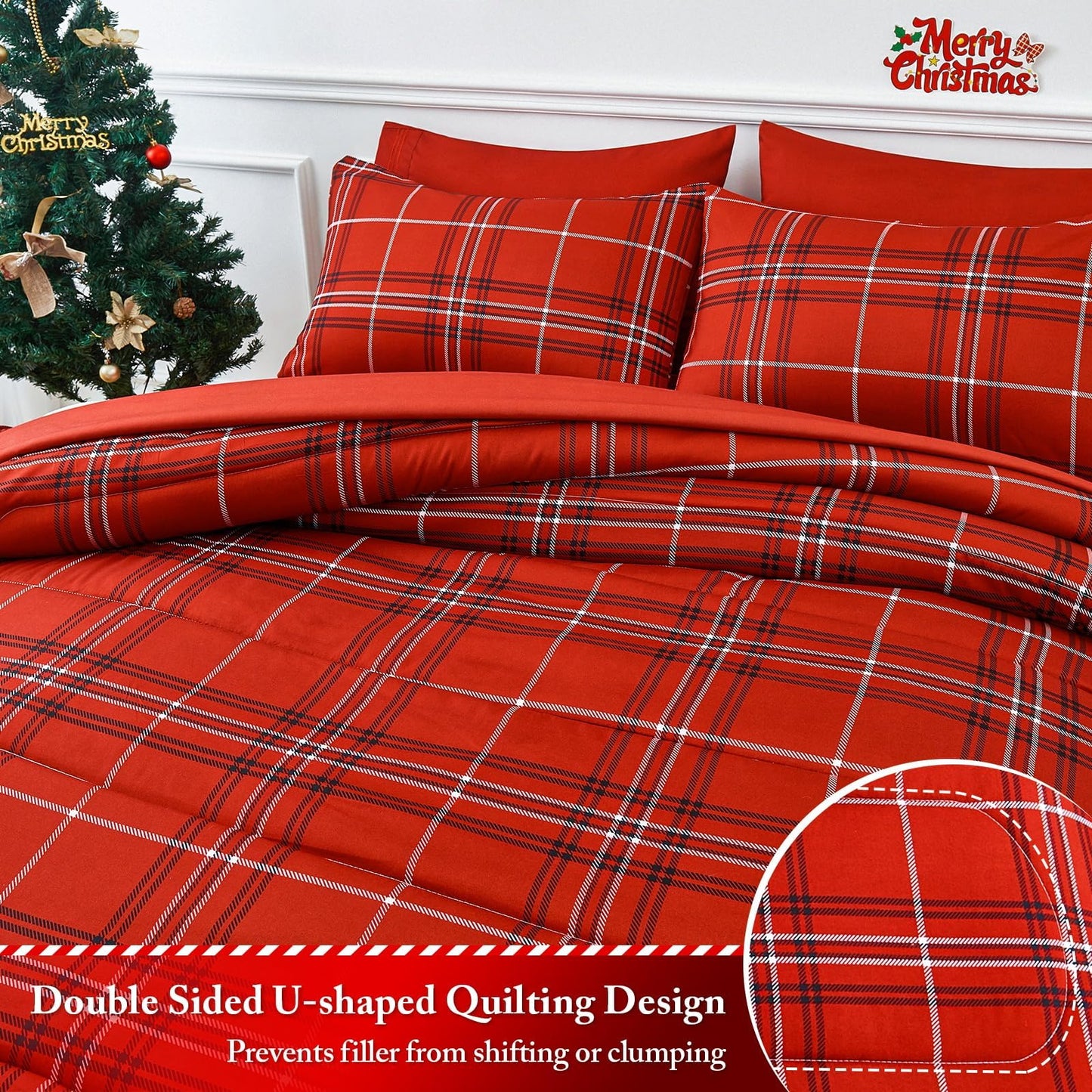 YIYEA Christmas Comforter Set, 7 Pieces Bed in a Bag, Christmas Bedding Sets with Comforter, Flat Sheet, Fitted Sheet, 2 Embroidered Pillowcases, and 2 Printed Pillowcases, Queen