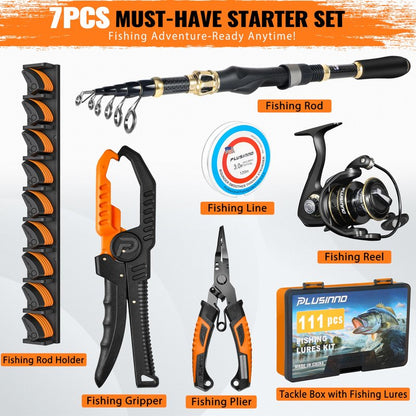 PLUSINNO Fishing Gear,Full Fishing kit Include Fishing Rod and Reel Combo, Tackle Box with Fishing Lures, Fishing Accessories, Fishing Pliers,Fishing Gifts for Men with Fishing Tool Kit