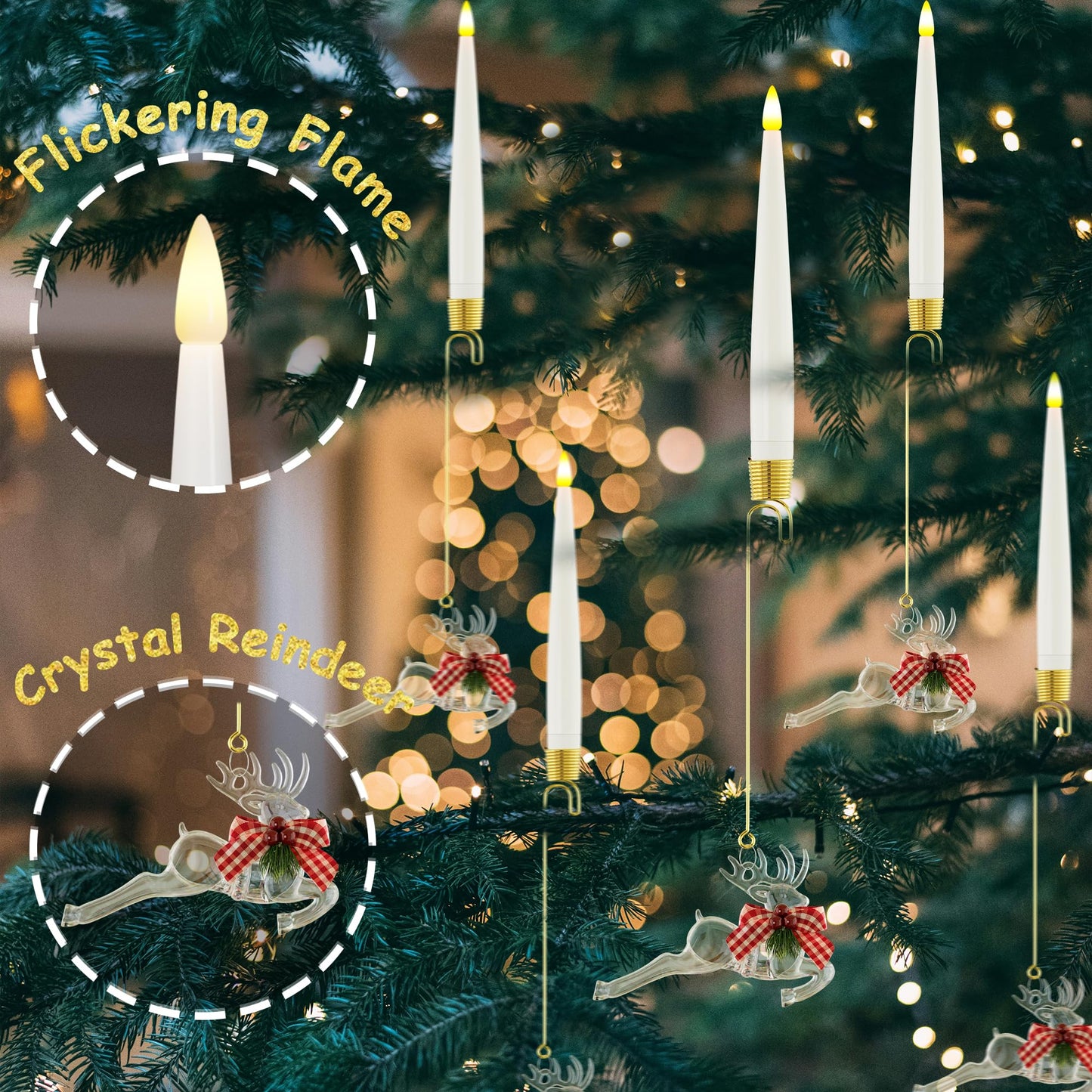JOIONE Flameless Christmas Tree Candles with Remote, 6 Pack Battery Operated LED Candles with Suction Cup for Christmas Tree, Flickering Flame for Xmas Indoor Decor - Deer