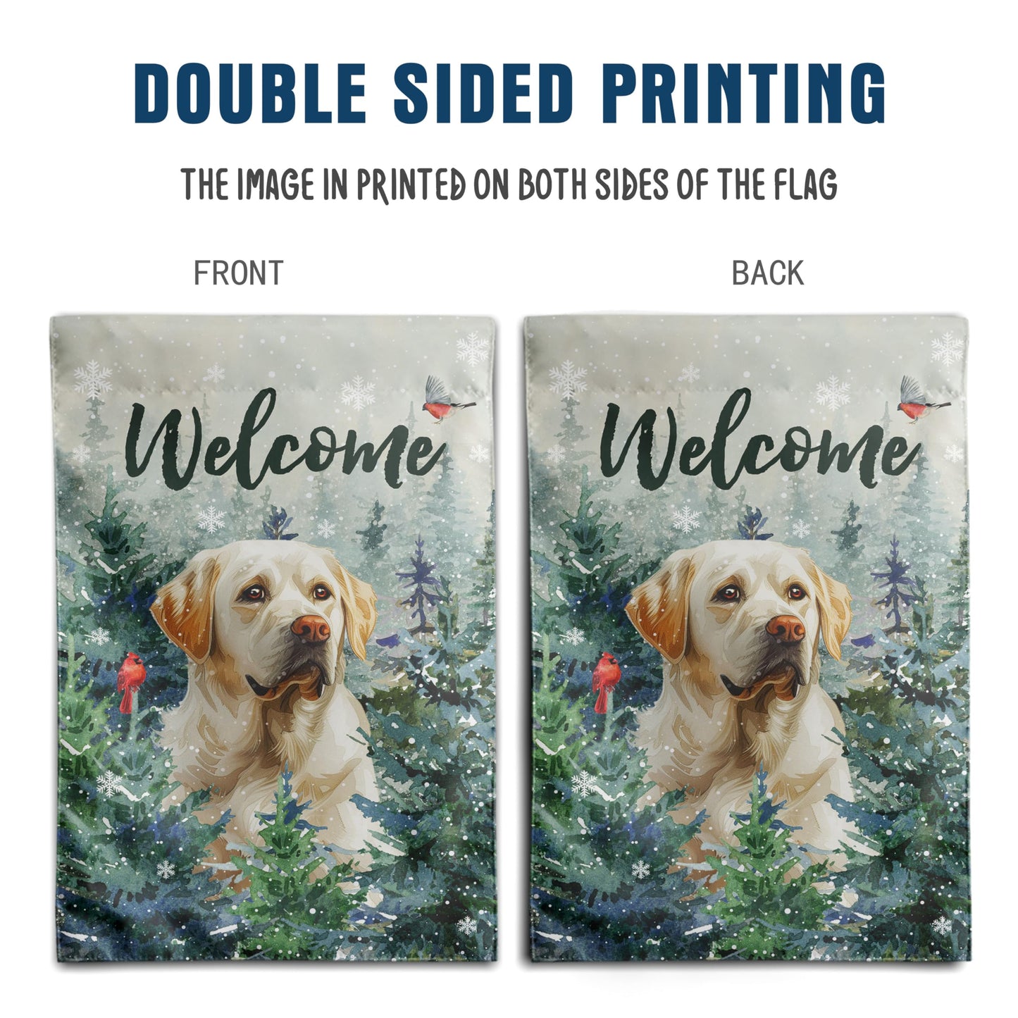 Welcome Winter Garden Flags White Lab Garden Flag Cardinal Birds on Snowy Pine Tree Flag Labrador Dog Yard Flags for Outside 12x18 Double Sided Christmas Decorative Lawn Flags