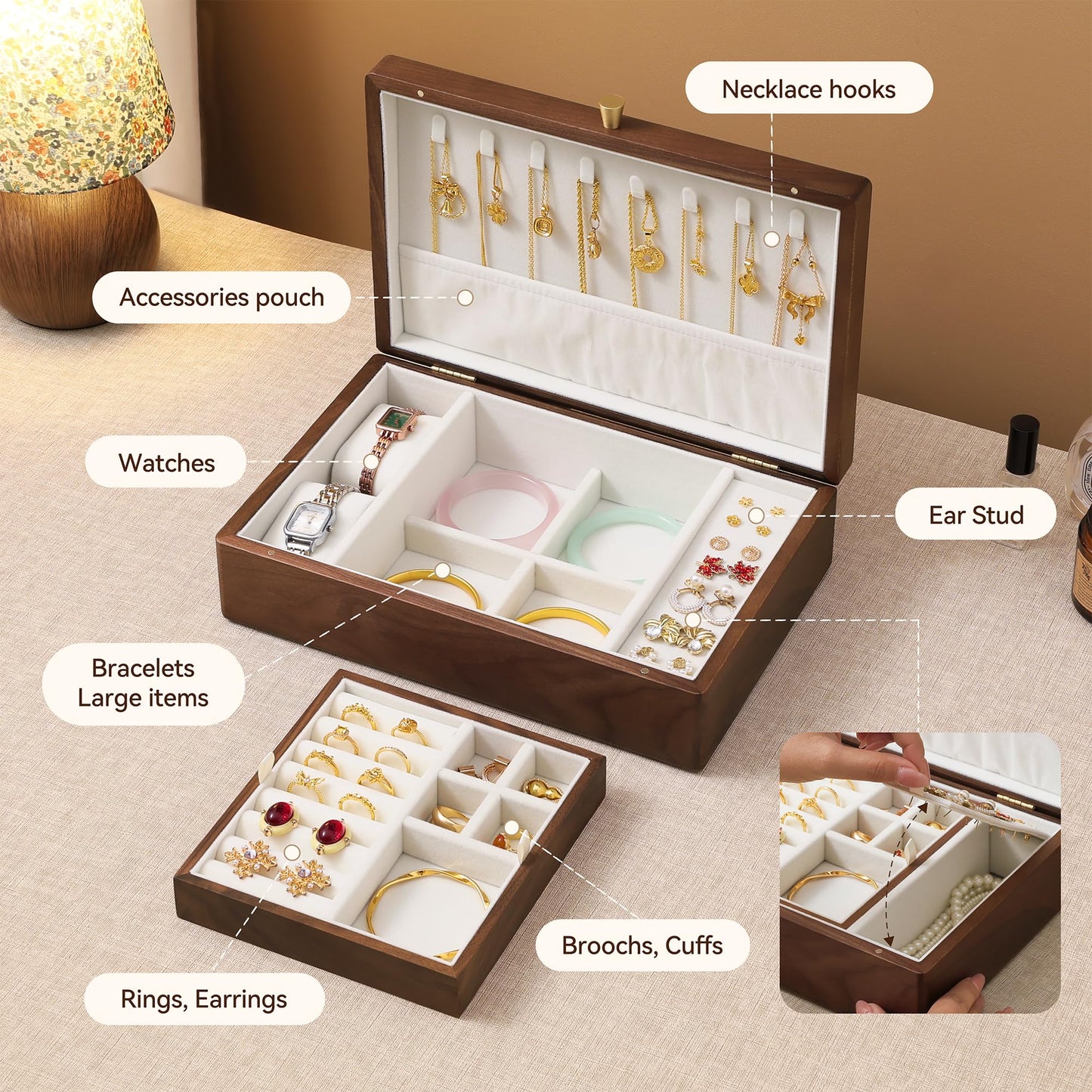 Black Walnut Wooden Jewelry Box, 2 Layer Large Natural Solid Wood Jewelry Organizer Storage with Removable Tray for Necklace Ring Earrings Watch Bracelet, Velvet Lined Box Gifts for Mom, Women, Girls