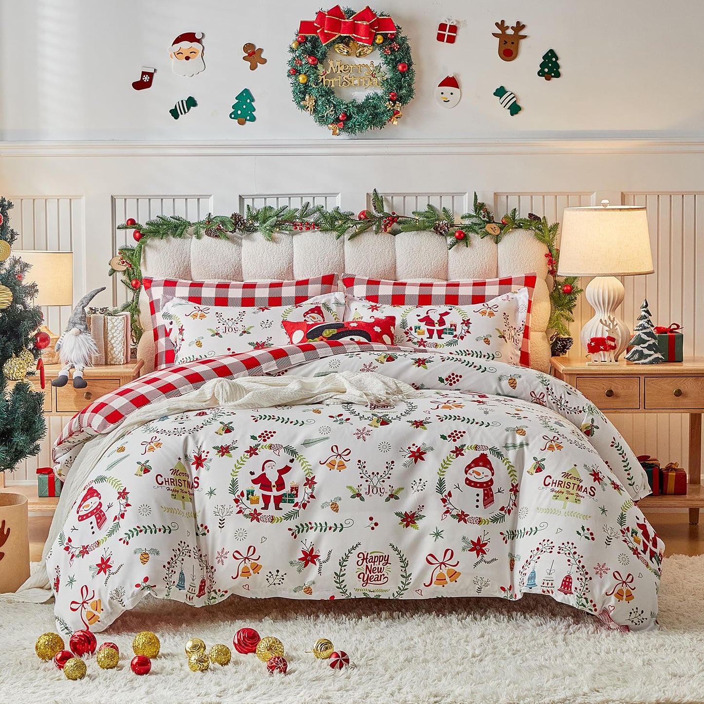 Joyreap 3pcs Christmas Duvet Cover Set King, Xmas Wreaths and Santa Claus Design Comforter Cover Set, Includes 1 Duvet Cover and 2 Pillow Shams