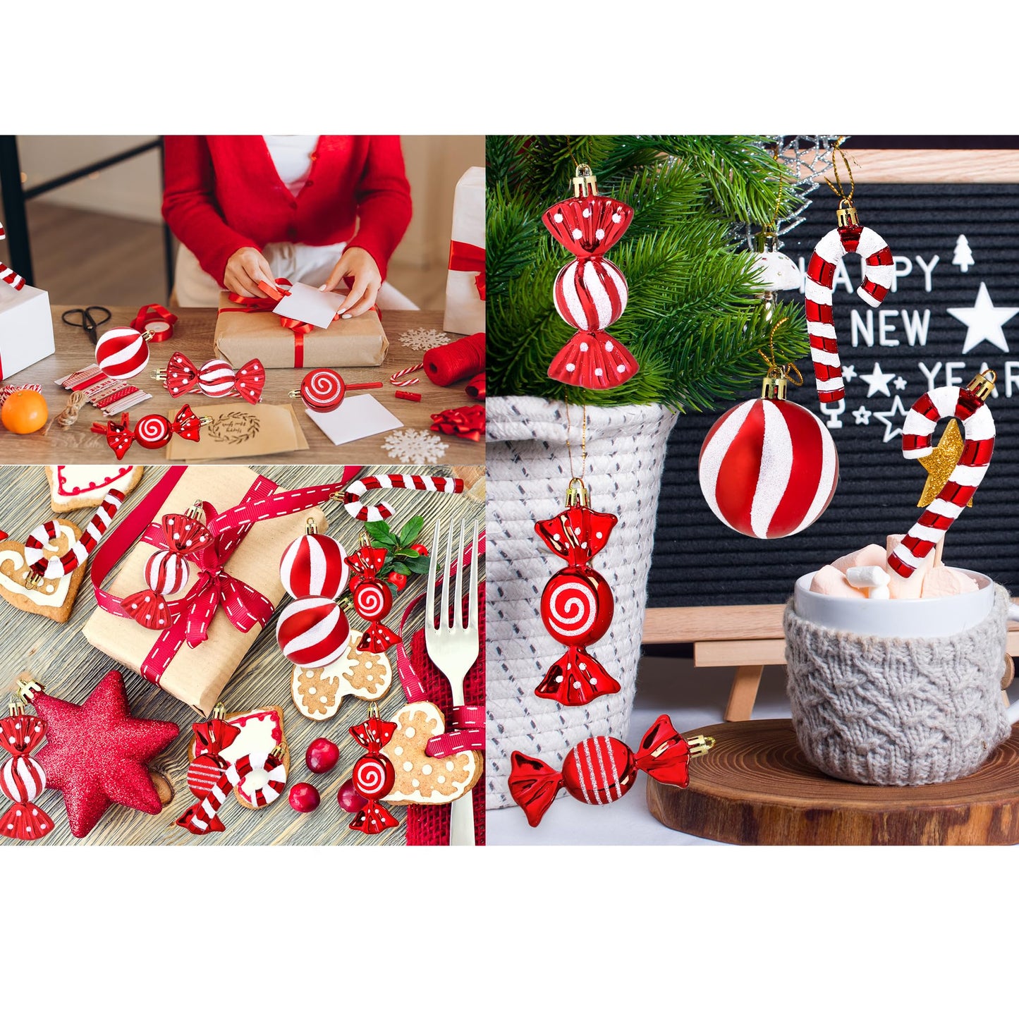Christmas Candy Cane Lollipop Ornaments for Christmas Tree 30Pcs Xmas Plastic Peppermint Christmas Tree Hanging Ball Pendants for Xmas Party Indoor New Year Holiday Home Decorations (Red)
