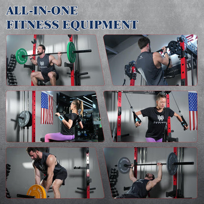 Power Cage, Folding Power Rack, 2000LBS Wall Mounted Squat Rack with Cable Pulley System, Landmine Attachment and Multi-Grip for Home Gym Small Space