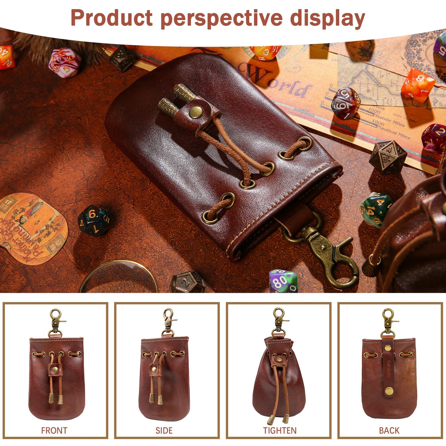 CHULEAG Vintage Medieval Drawstring Belt Pouch, FULL-GRAIN Leather, handmade, portable coin&dice purse with keychain. (small)