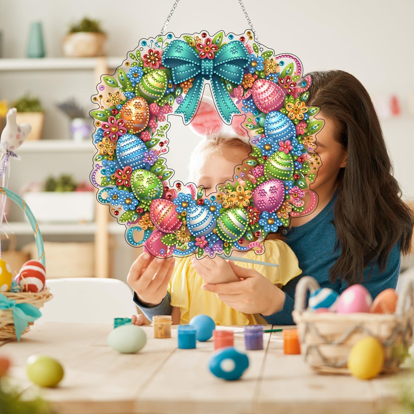 DIY Diamond Art Painting Wreath Kits，Special Shaped Rhinestone Hanging Ornament Diamond Art Window Pendants for Gift Home Garden Wall Hanging Kits,Double Sided (Easter Wreath)