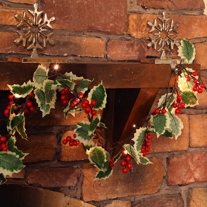 Juegoal Christmas Garland, 9FT Pre-lit Red Berries & Holly Leaves Garlands, Artificial Lighted Berry Garland Battery Operated with Timer, Indoor Outdoor Xmas Fireplace Gate Home Winter New Year Decor