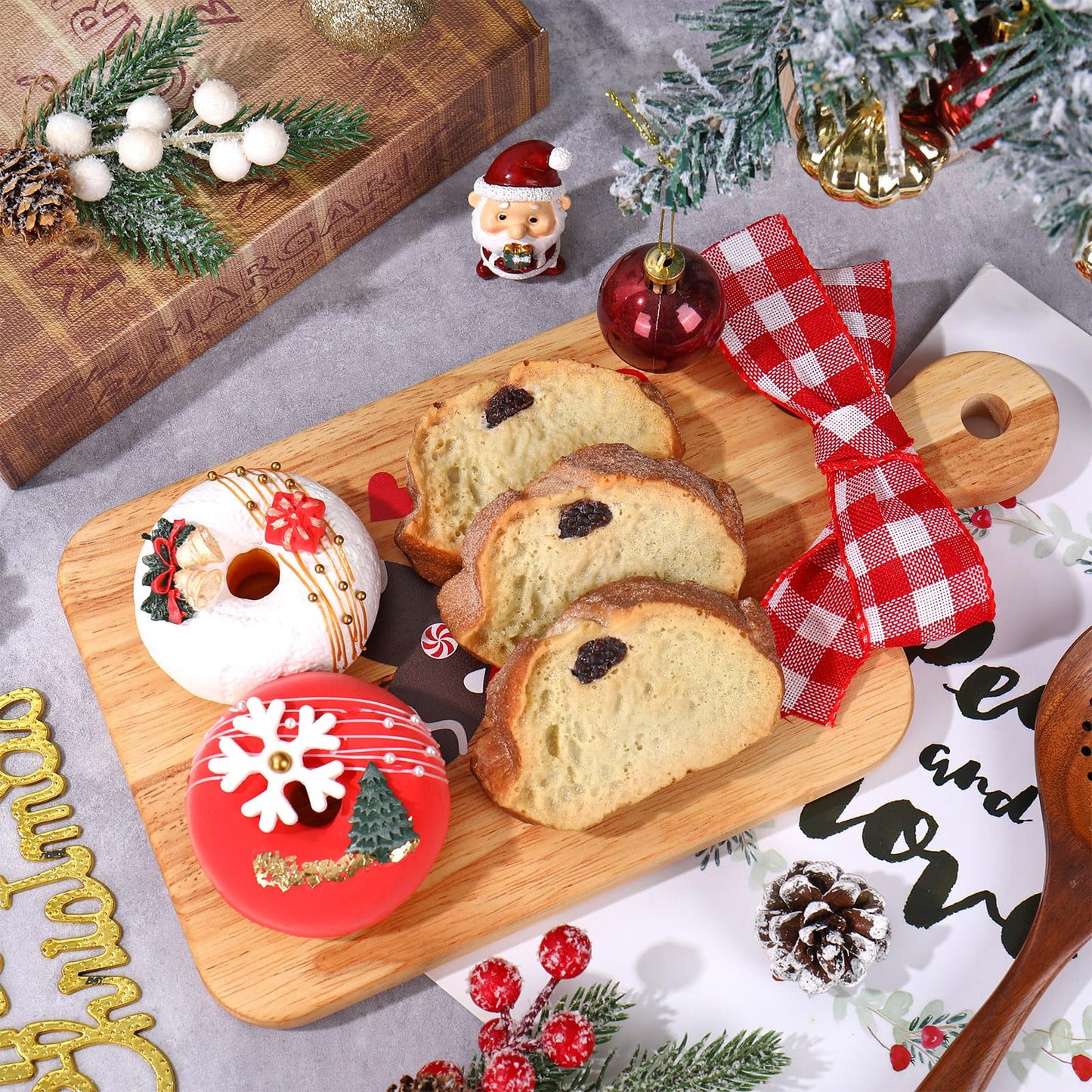 JarThenaAMCS 2 Pcs Merry Christmas Wood Cutting Board with Ribbon Gingerbread Man Kitchen Chopping Charcuterie Board Serving Platter Tray Dessert Candy Dish for Xmas Winter Home Party Gift Decor