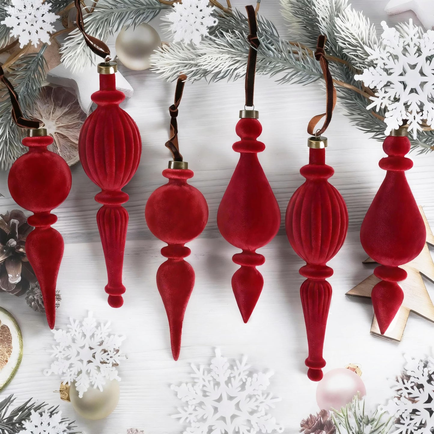 6 Pcs Red Velvet Finial Christmas Tree Ornaments - Velvet Pendants Shatterproof Flocked Christmas Hanging Ball Ornaments Hanging Neutral Decorations for Xmas Tree Winter Holiday Decorations