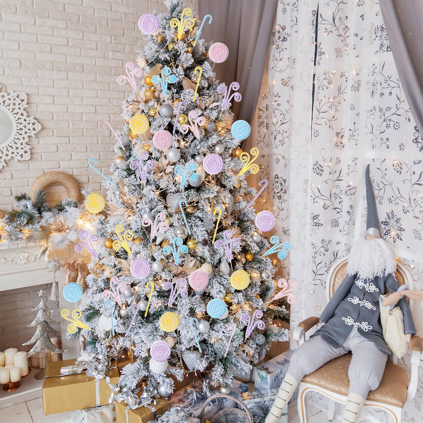Solsew 12 Pcs Christmas Tree Decorations Picks, 14 Inch Pastel Christmas Curly Candy Cane Pick Macaron Woolen Xmas Tree Topper Ornaments for Holiday Party Decor