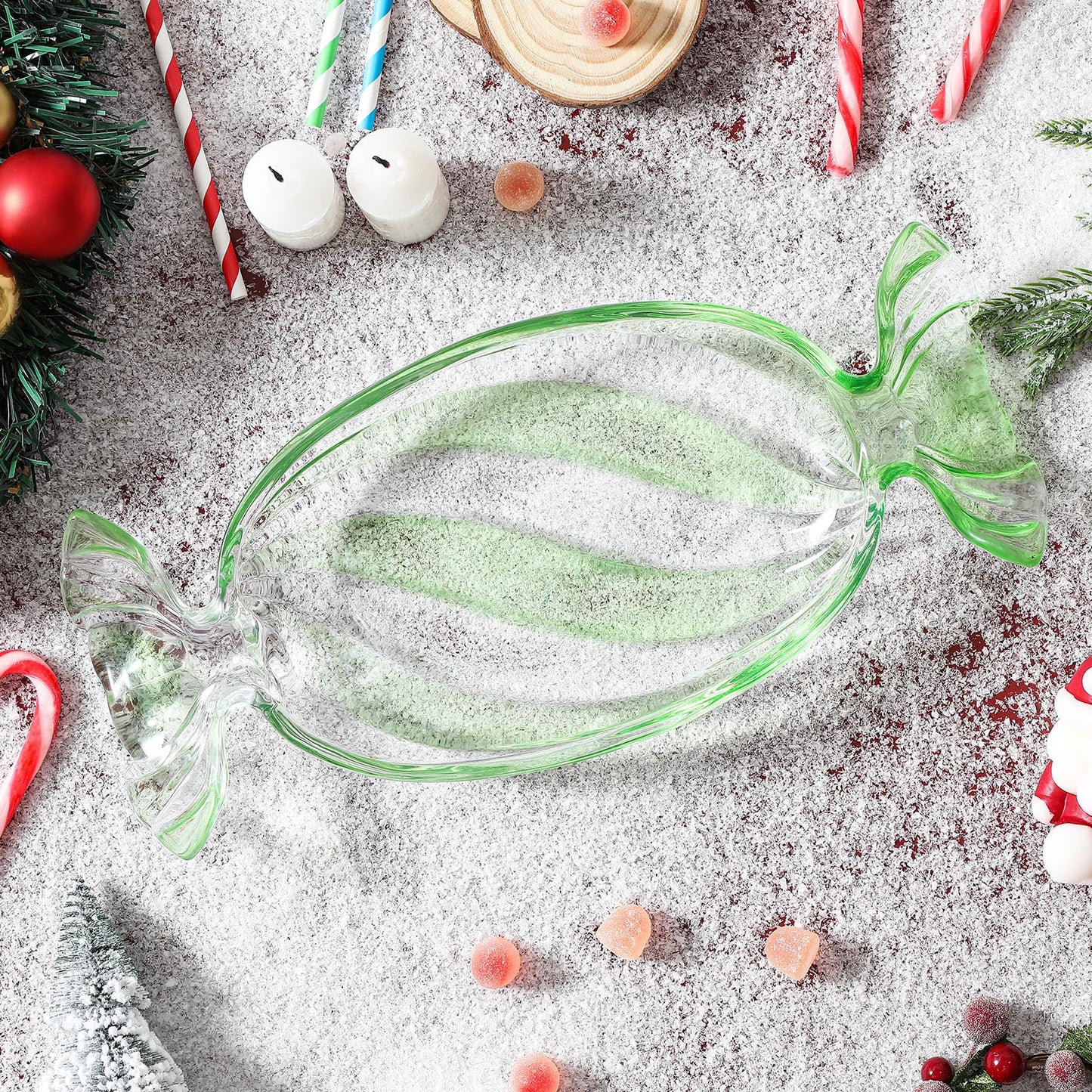 USmagically Christmas Candy Glass Plate, Christmas Theme Serving Tray for Holiday Desserts, Cookies & Candy Display, Festive Party Bowl, Green Xmas Decorations Small