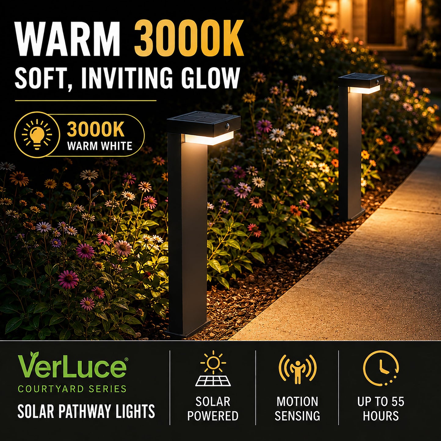VerLuce - 20.5" Solar Pathway Lights - Walkway Solar Lights for Outside - PIR Sensor & Two Lighting Modes - Rechargeable Battery Lasts Up to 55 Hours - 3000K - IP44 Weather Resistant - 2 Pack