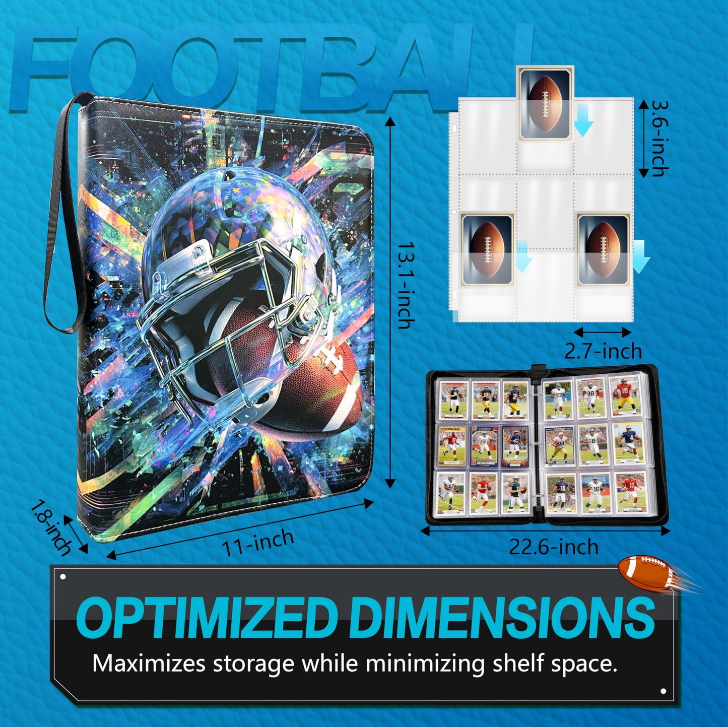 Football Card Binder with Sleeves, 9-Pocket Portable Card Protectors Album Holder Book with Zipper, Fits 900 Cards with 50 Removable Sleeves, Football Cards Display Storage Carrying Case