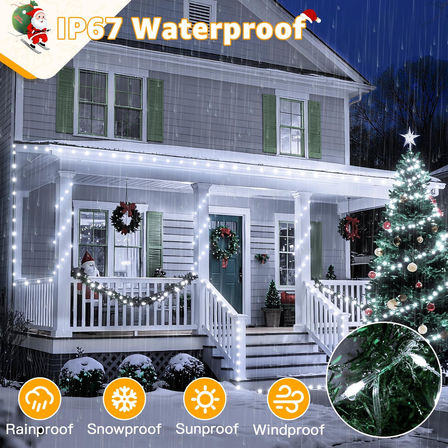 Ollny Christmas Lights Cool White, 600LED 197FT Christmas Tree Lights IP67 Waterproof, Plug in Fairy Lights with Remote 8 Modes Timer, Xmas Light for Outdoor Indoor House Holiday Decor