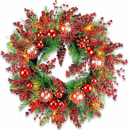 YULETIME 24" Mixed Berries Christmas Wreath - Artificial Holiday Wreath with Red & Purple Frosted Berries, Green Cypress Branches & Pine Needles