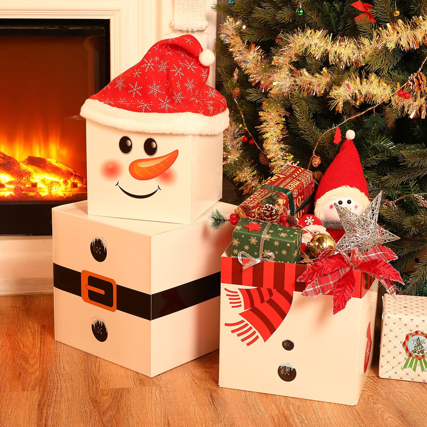 Marspark 4 Pieces Christmas Box Decoration Nesting Decorative Stackable Nesting Christmas Stacking Boxes(Snowman)