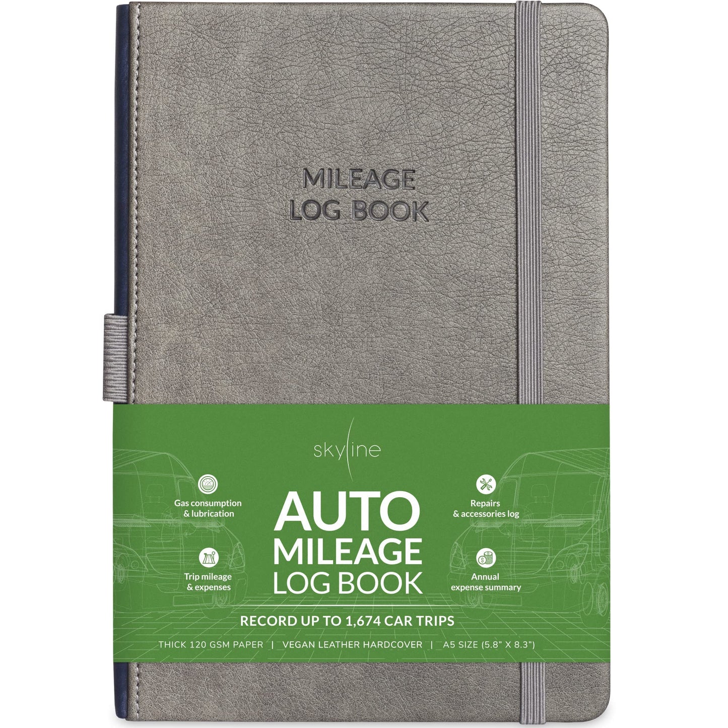 Skyline Auto Mileage Log Book – Vehicle Logbook with Expense Tracker – Driving Logger Book for Tracking Car Mileage, Expenses, Gas Consumption & Lubrication – Hardcover, A5 Size, 5.8x8.3″ (Gray)