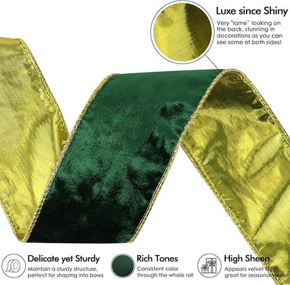 MEEDEE Crushed Green Velvet Ribbon with Gold Back 2.5 inch Double Sided Christmas Wired Ribbon 10 Yards for Christmas Tree Decoration, Baskets, Wreaths, Holiday Projects, Wedding Decor and Accents