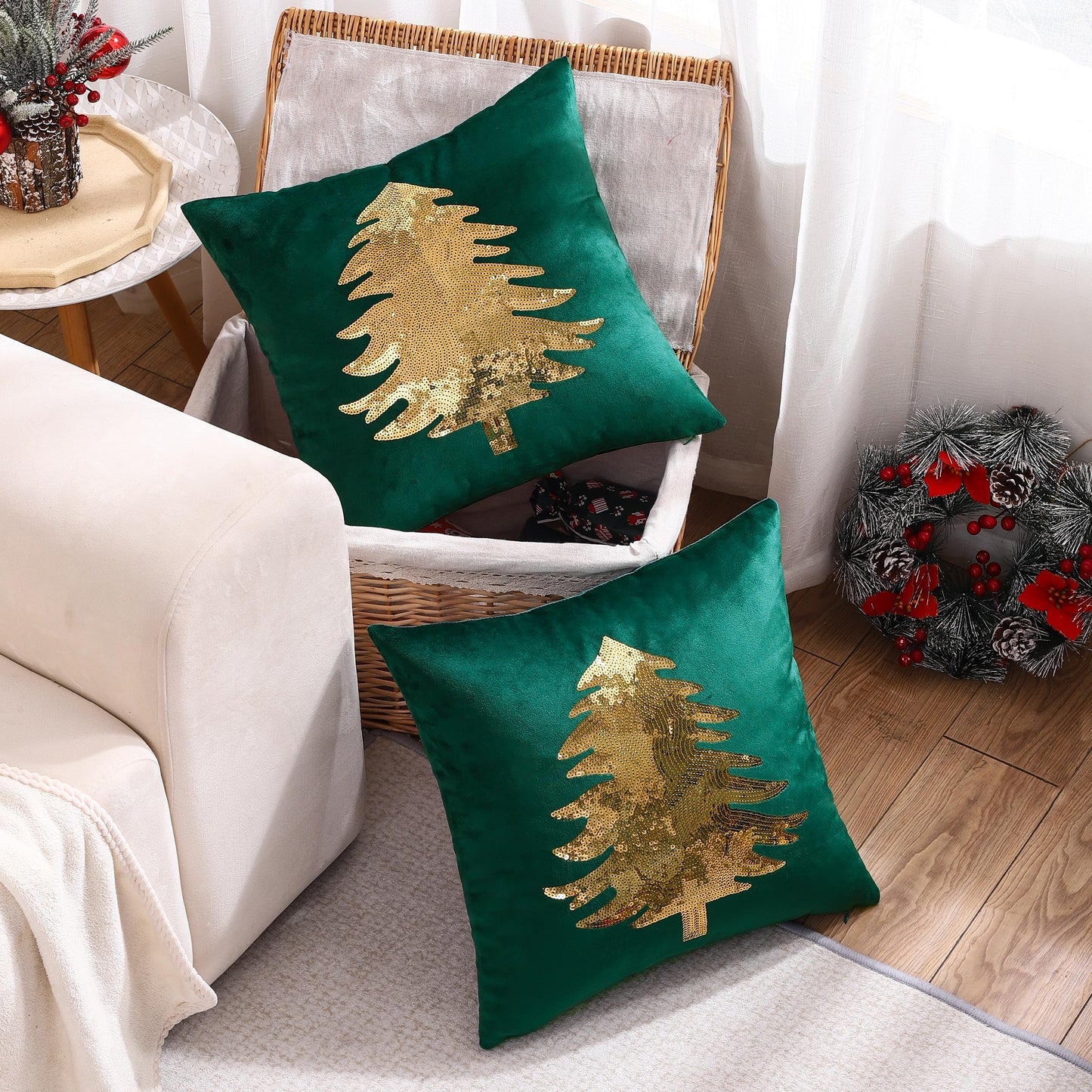 Tosleo Christmas Pillowcases 18 x 18 inch Set of 2 Dark Green Xmas Tree Sequins Throw Pillow Cover Christmas Pillow case Party Decorations Winter Holiday Cushion Cases