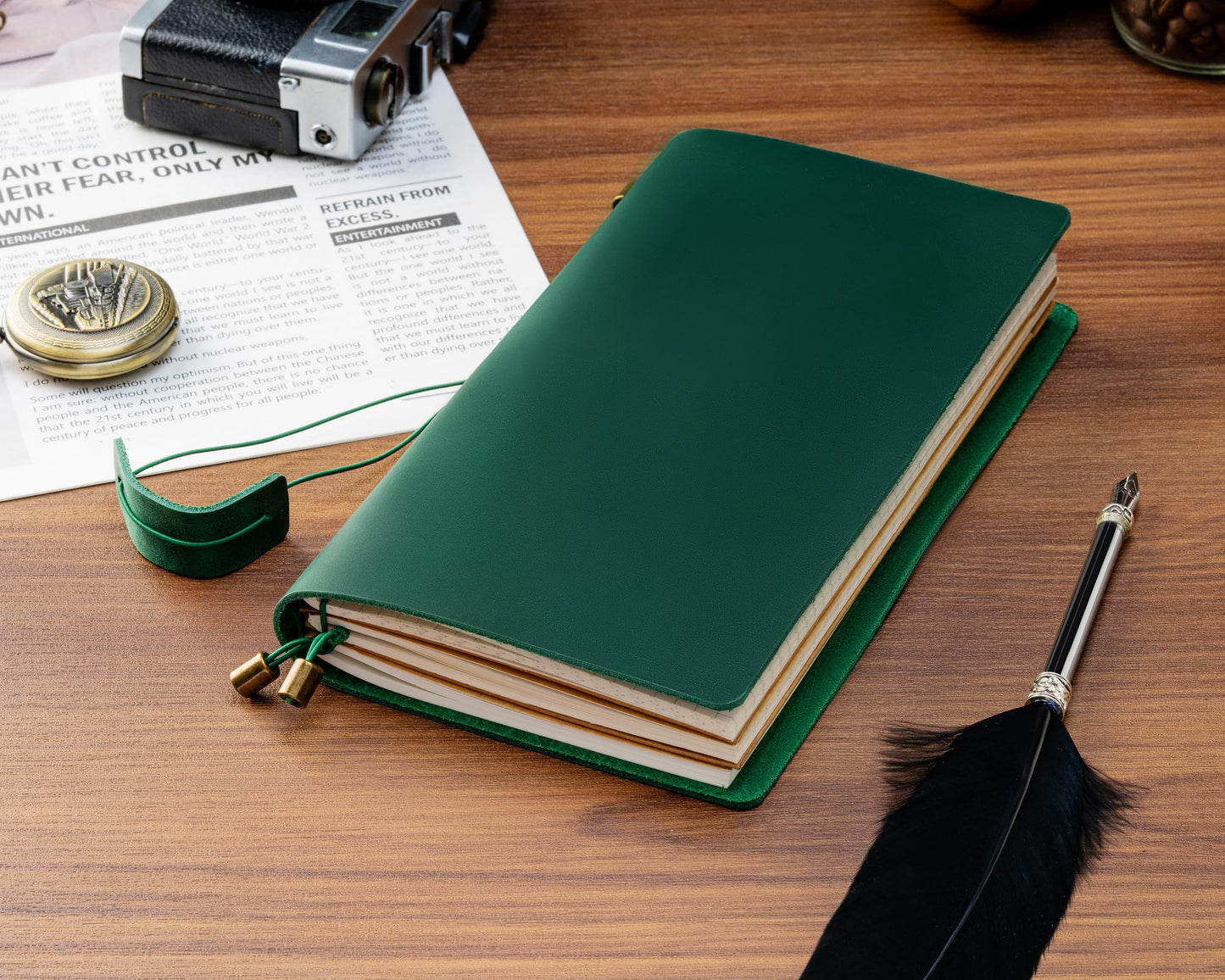 Ox Knight Refillable Leather Travelers Notebook, 8.6 x 4.7 Travel Diary for Men and Women, Genuine Leather Travel Journal with 3 Inserts Regular Travel Notebook for Writing, Sketching & Planning, Standard Size, Green
