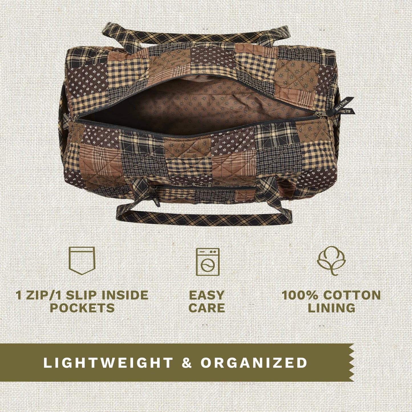 Bella Taylor Quilted Duffle Bag for Women, Large Carry On Travel Weekend Bag, Quilted Cotton Ironstone Black and Brown Patchwork