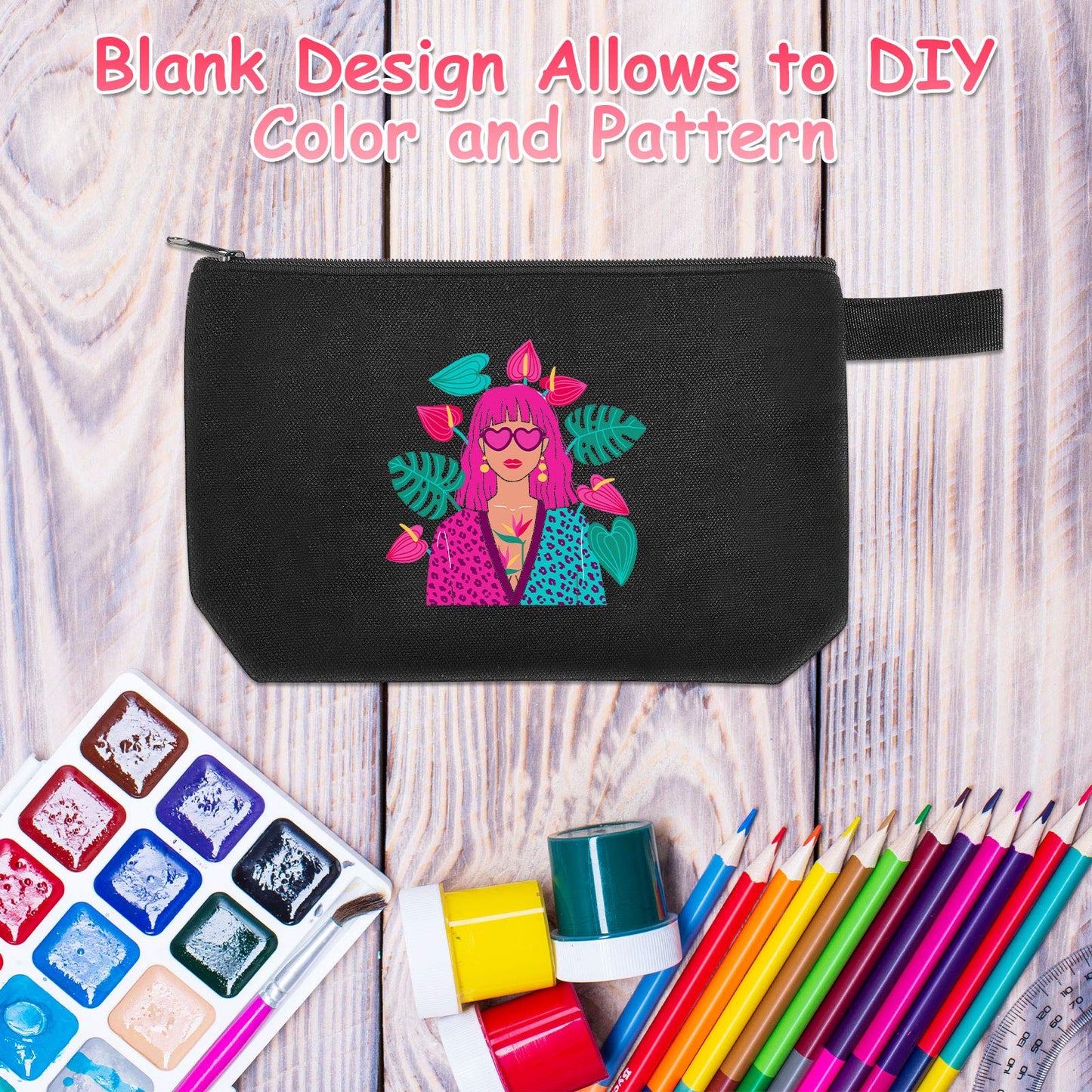Weewooday 12 Pieces Blank Canvas Makeup Bags with Bottom Handle Bulk Sublimation Blank Zipper Makeup Pouch Canvas Cosmetic Bags for Women Student DIY Craft Travel Toiletry Pencil(Black)