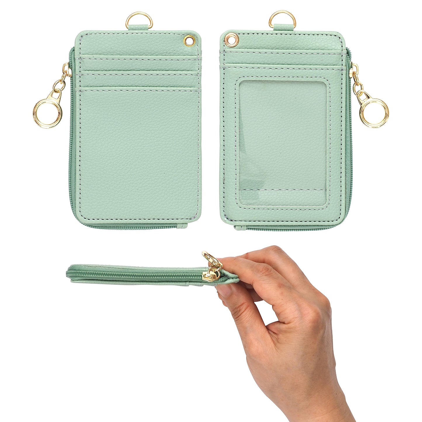 MONDO DESIGNS 2-in-1 Lanyard Wallet with ID Badge Holder - Small Keychain Wristlet Wallet for Women with Zipper Card Pocket and Phone Lanyard, Wrist Strap Office Teacher - Sage Green