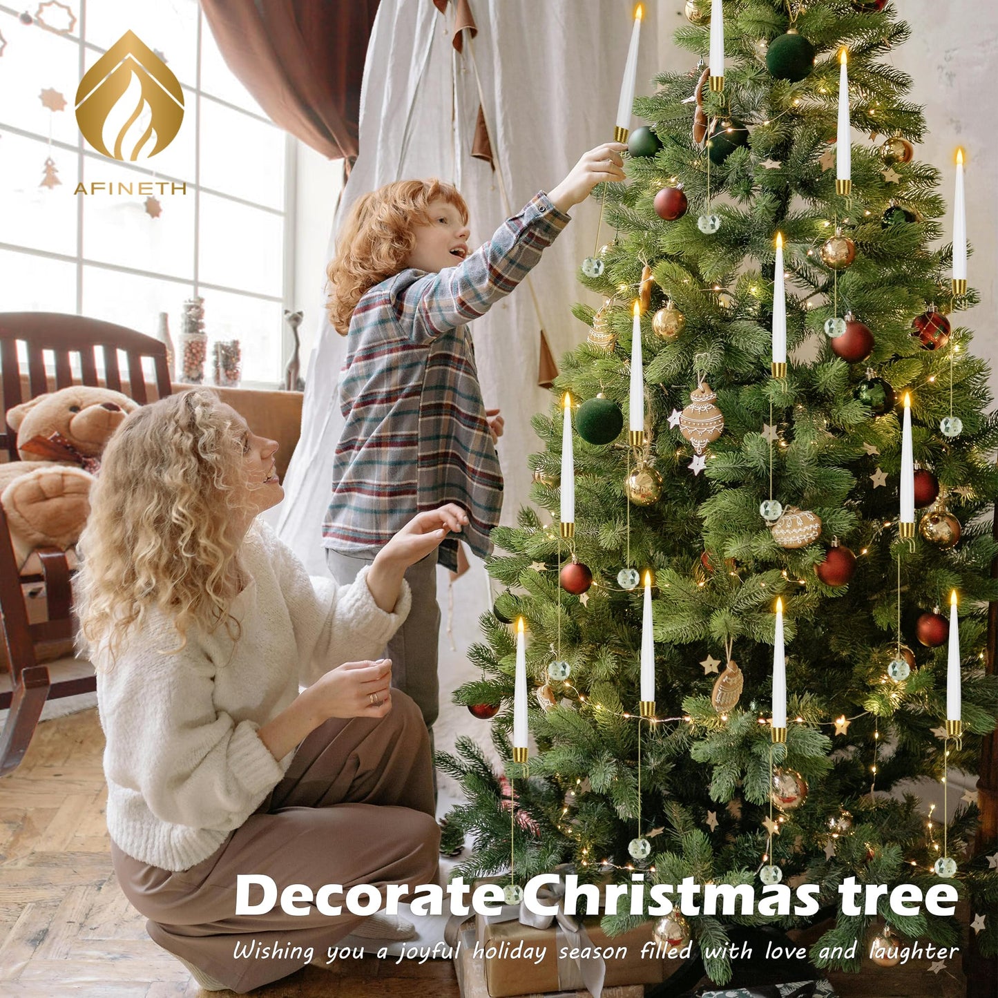 Christmas Tree Candles with Remote, 12 Pack Battery Operated Christmas Candles, LED Candlesticks for Xmas Tree Decoration, Flickering Flameless Candle for Home, Party Decor with Crystal Ball Hooks