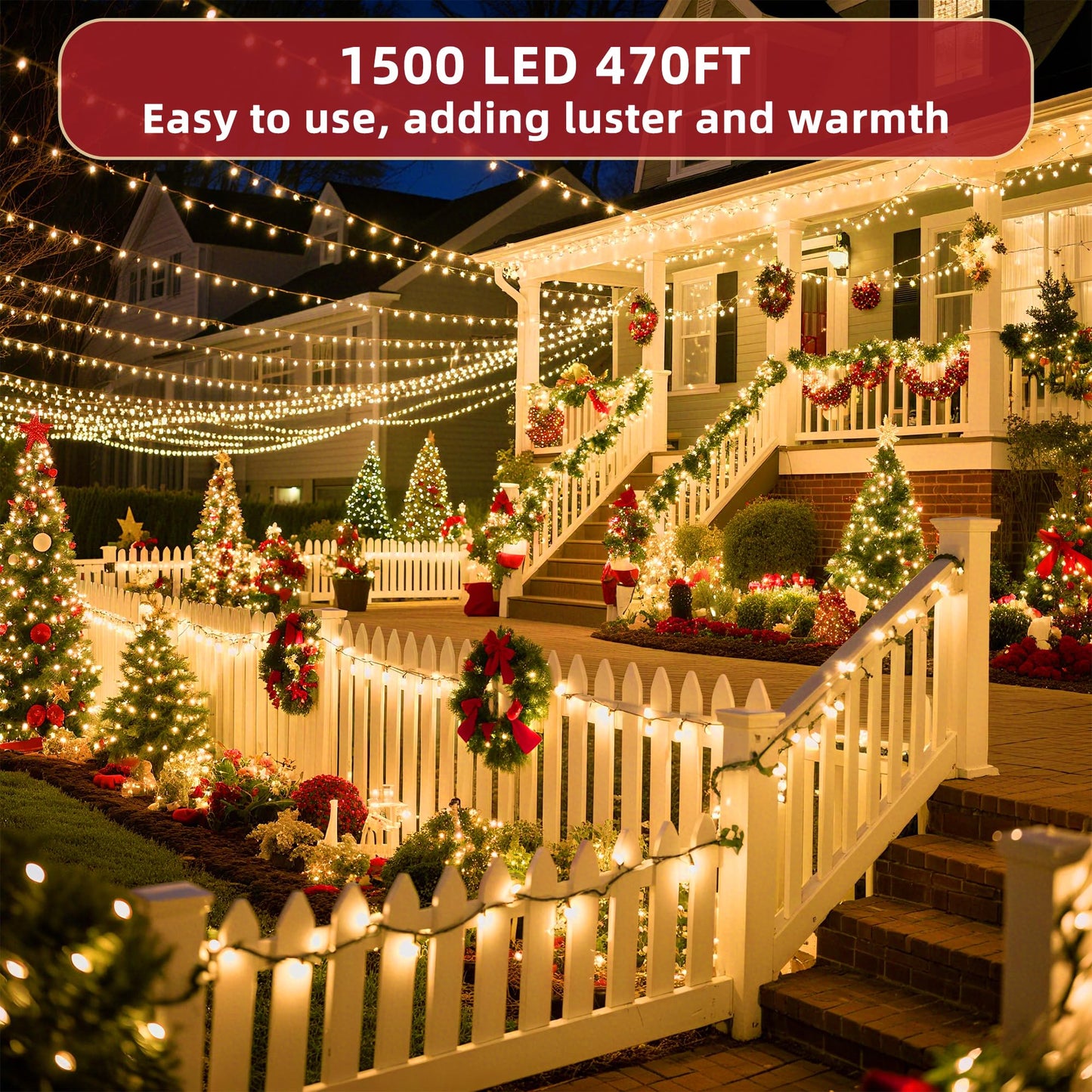 470FT Christmas Lights Outdoor,1500 LED Christmas Tree Decoration Lights with 12 Modes & Timer Memory, Dimmable Plug In Waterproof LED Xmas Light for Yard Trees Halloween Party Holiday Warm White