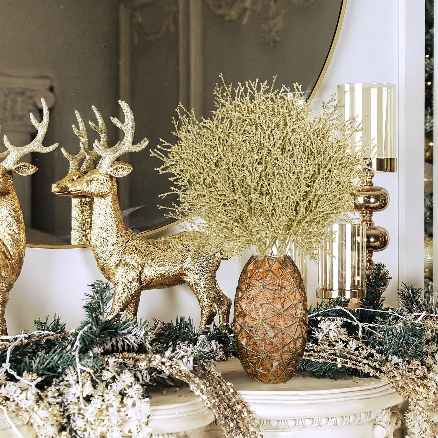 Winlyn 15 Pcs Christmas Artificial Cedar Sprays Champagne Glittered Faux Cedar Branches Stems Christmas Tree Ornament Picks 14.4" for Christmas Tree Wreath Wedding Bouquet Holiday Centerpiece