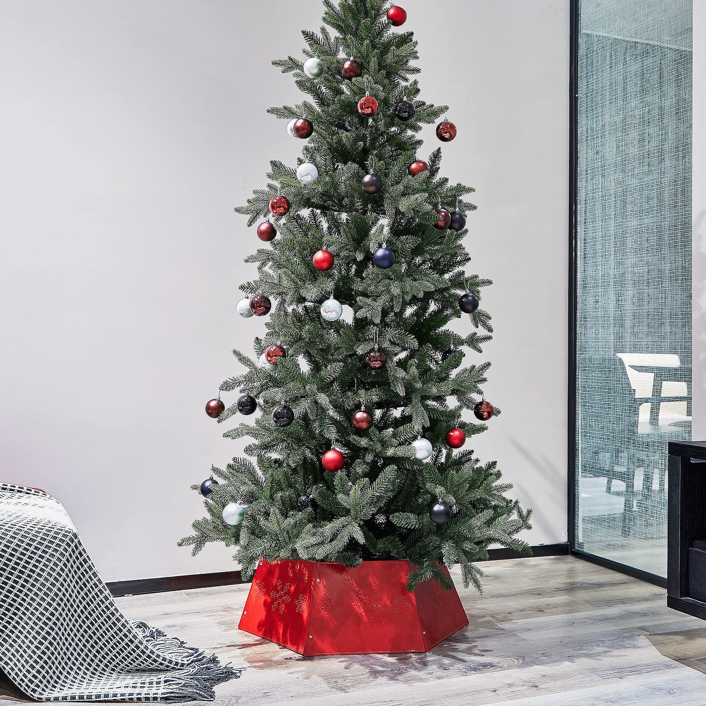 FORUP Metal Christmas Tree Ring with Printed Snowflake, Tree Skirt Base Stand for Christmas Decorations (Red)