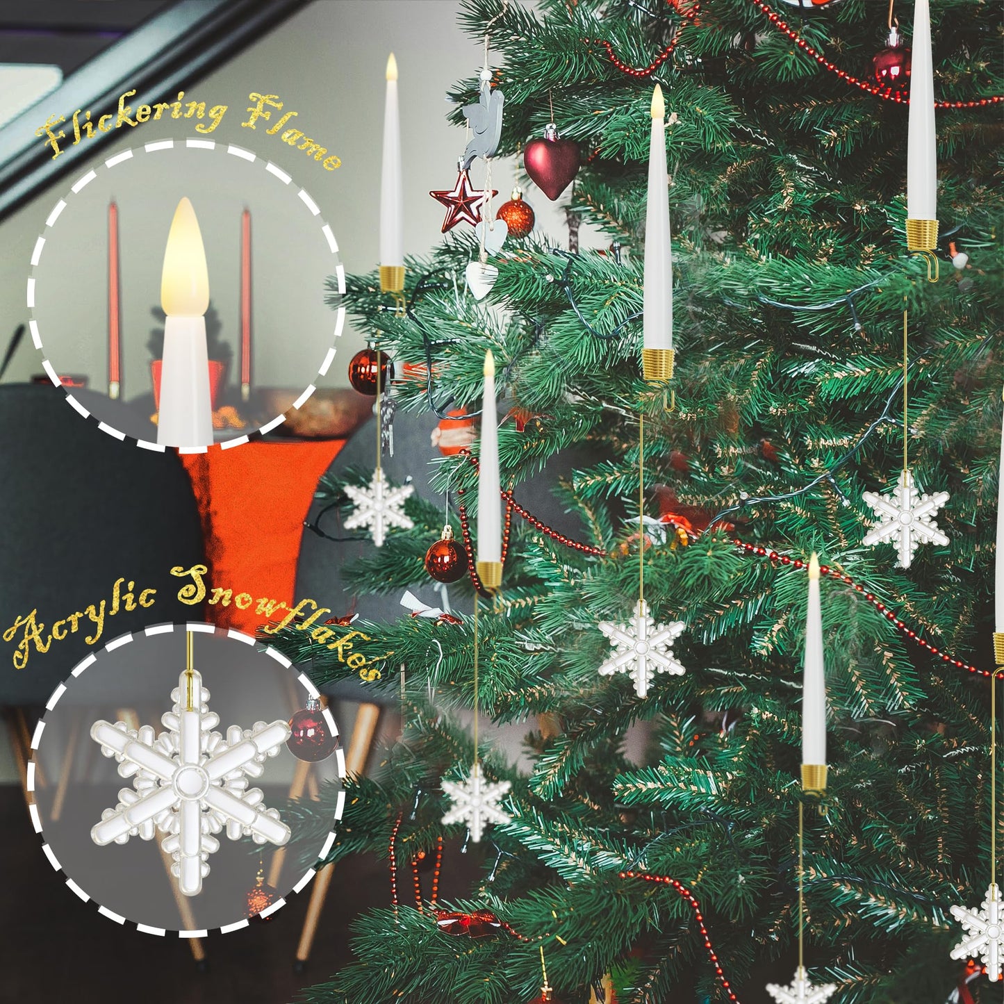 JOIONE Flameless Christmas Tree Candles with Remote, 12 Pack Battery Operated LED Candles for Christmas Tree Flickering Flame for Xmas Indoor Decor - Acrylic Snowflake