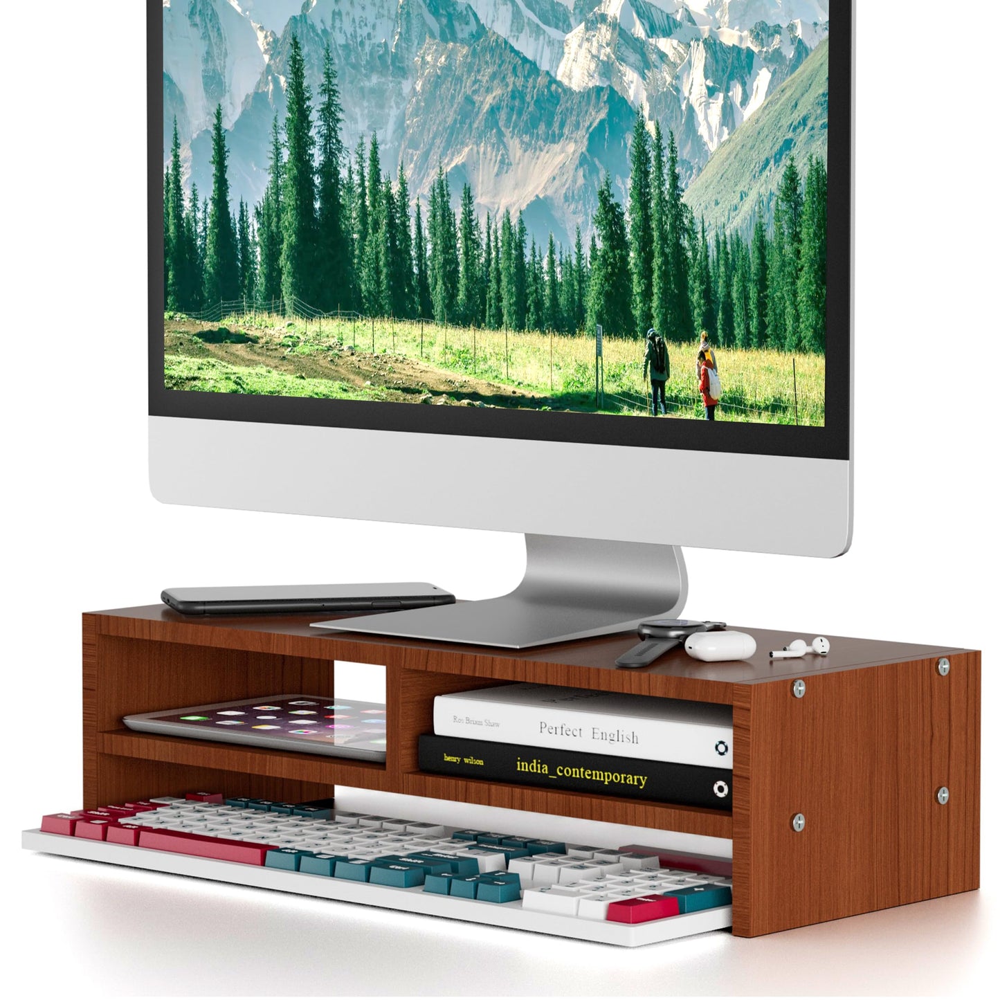 Qecamy Monitor Stand Riser with Storage, 2 Tier Desk Organizer & Desktop Wood Shelf, Ergonomic Computer Stand for Laptop, PC & Printer, 16" Small TV Riser with 50 lbs Weight Capacity, Walnut Brown