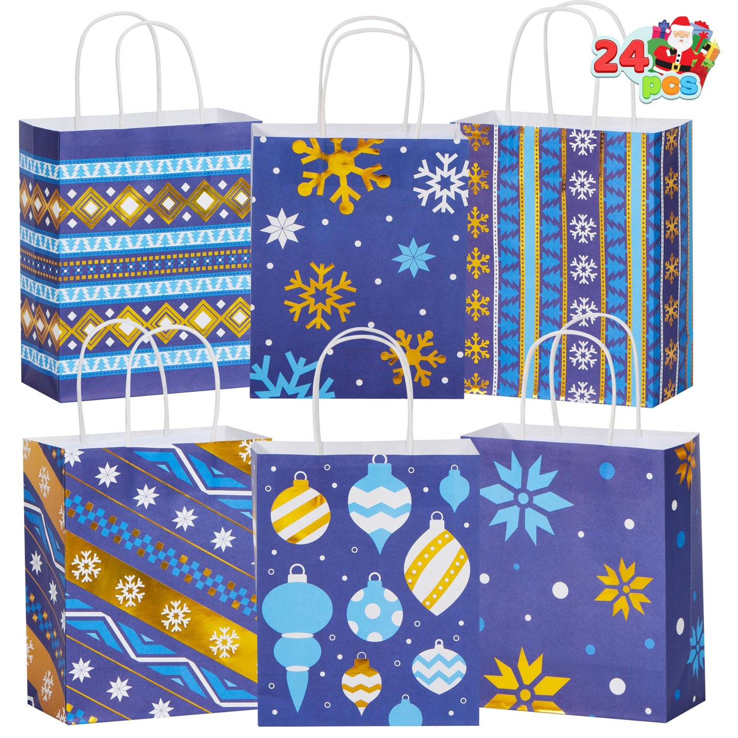 JOYIN 24 PCS Christmas Kraft Gift Bags Xmas Holiday Present Wrapping Paper Goody Bags with Handles for Classrooms and Wedding Decor, Party Favors and Decor Supplies (Blue, 9 x 7.3 x 3.3)