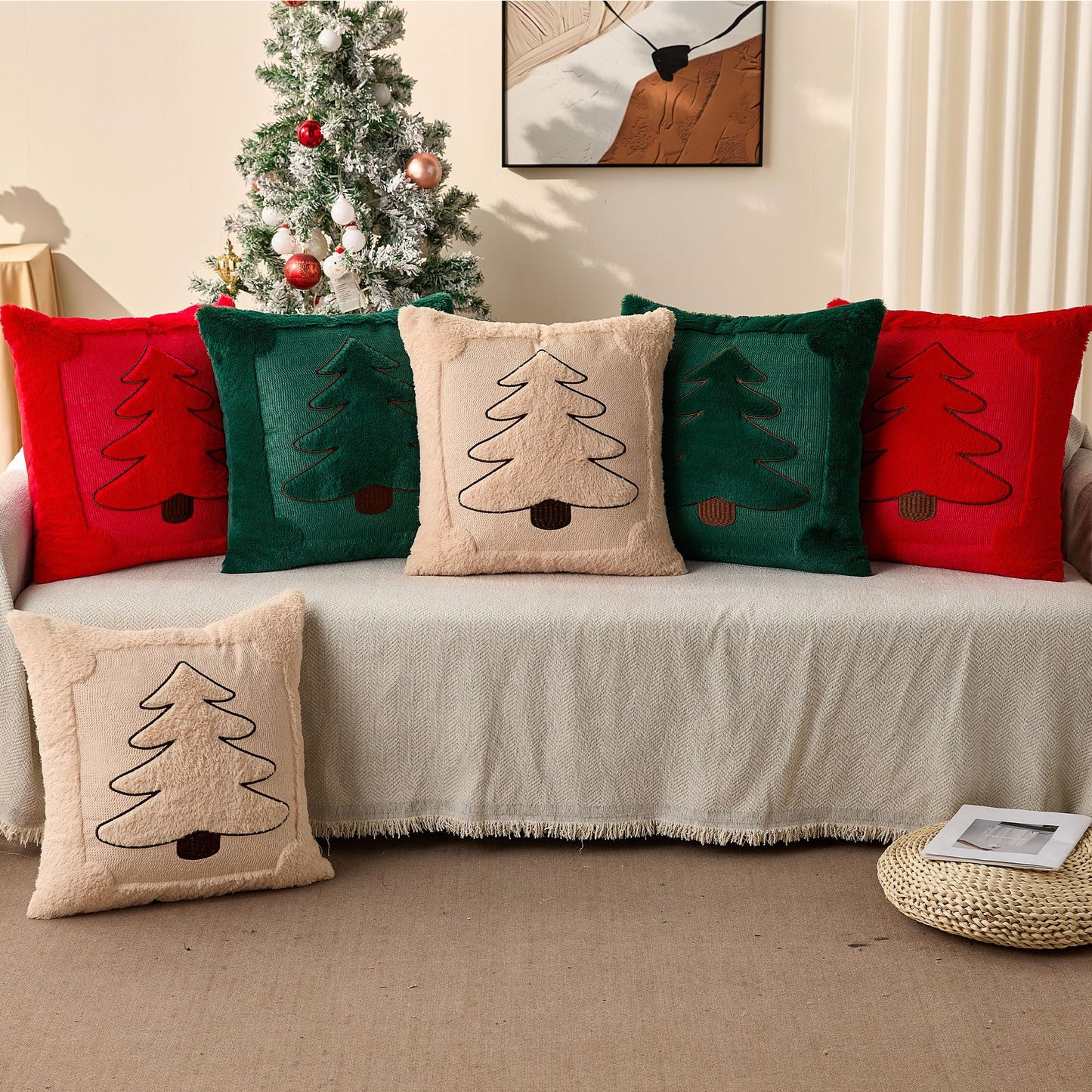 DFXSZ Christmas Pillow Covers 18x18 Beige Big Christmas Tree Decoration Soft Plush Faux Fur Jacquard Throw Pillows for Bedroom Sofa Holiday Festivals Winter Home Decor PTK068C18