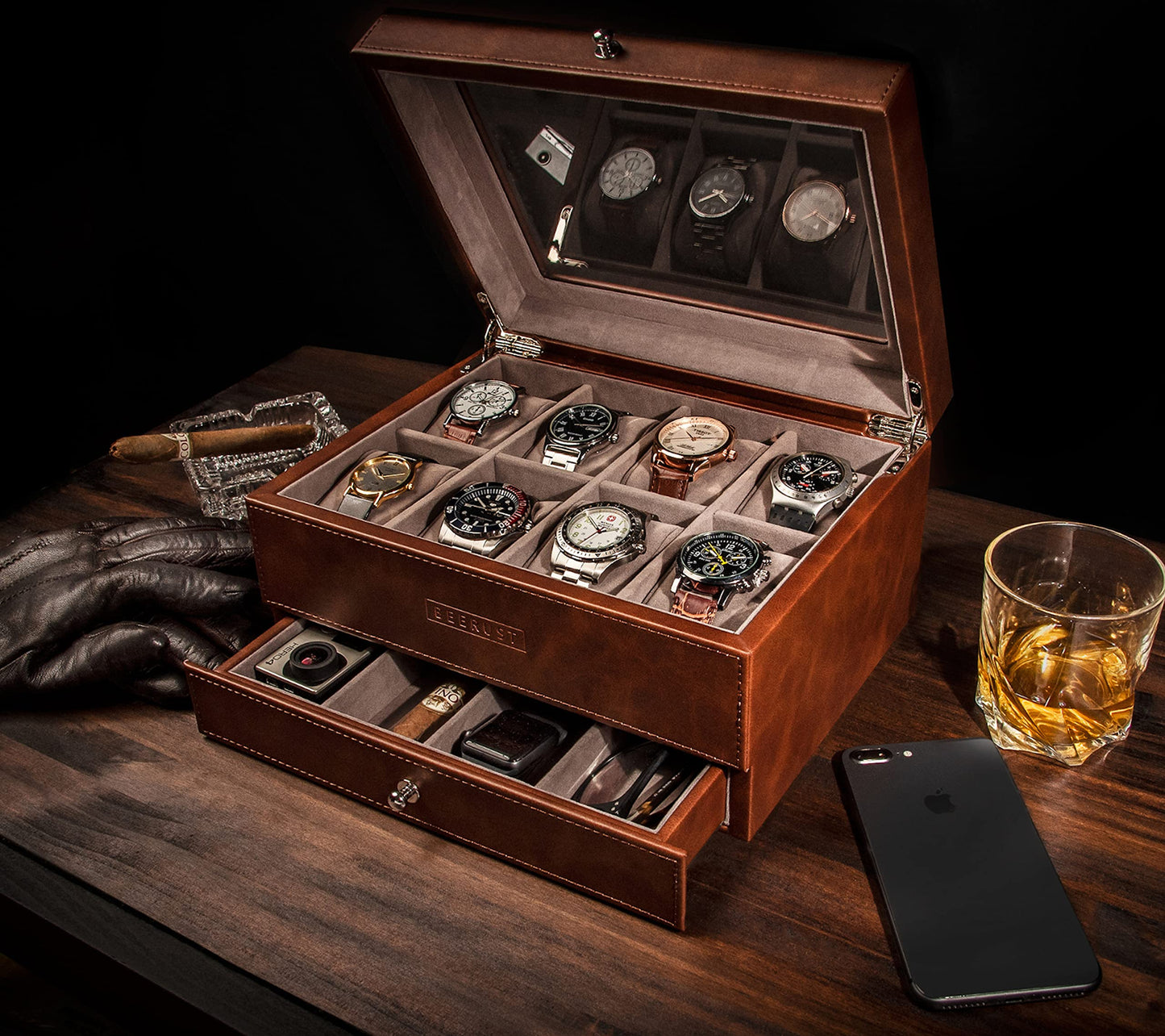 BEERUST Watch box organizer for men - Leather watch case - Luxury watch box - For large mens wrist watches - Mens jewelry box organizer - Watch case - With valet drawer - Watch display case