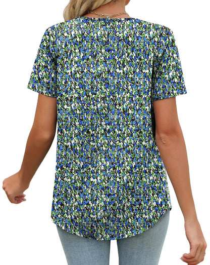 WIHOLL Plus Size Tops for Women Dressy Summer Outfits Button Down Shirts Short Sleeve Spring Clothes Graphic Tees Floral Blue 2XL