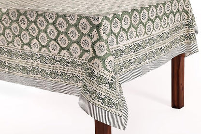 ATOSII Kari Green 100% Cotton Rectangle Boho Summer Tablecloth, Block Print Floral Table Cloth Linen for Dining, Parties, Wedding, Outdoors Home Decor 72 X 140 Inches I 12 Seater I