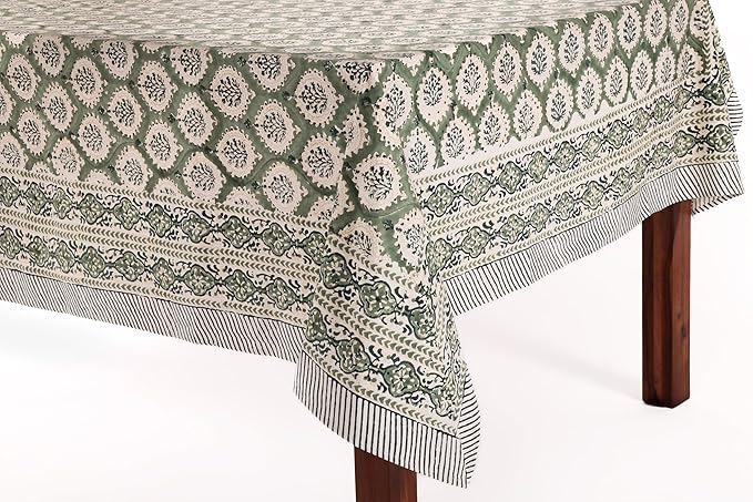 ATOSII Kari Green 100% Cotton Rectangle Boho Summer Tablecloth, Block Print Floral Table Cloth Linen for Dining, Parties, Wedding, Outdoors Home Decor 60 X 90 Inches I 6 Seater I
