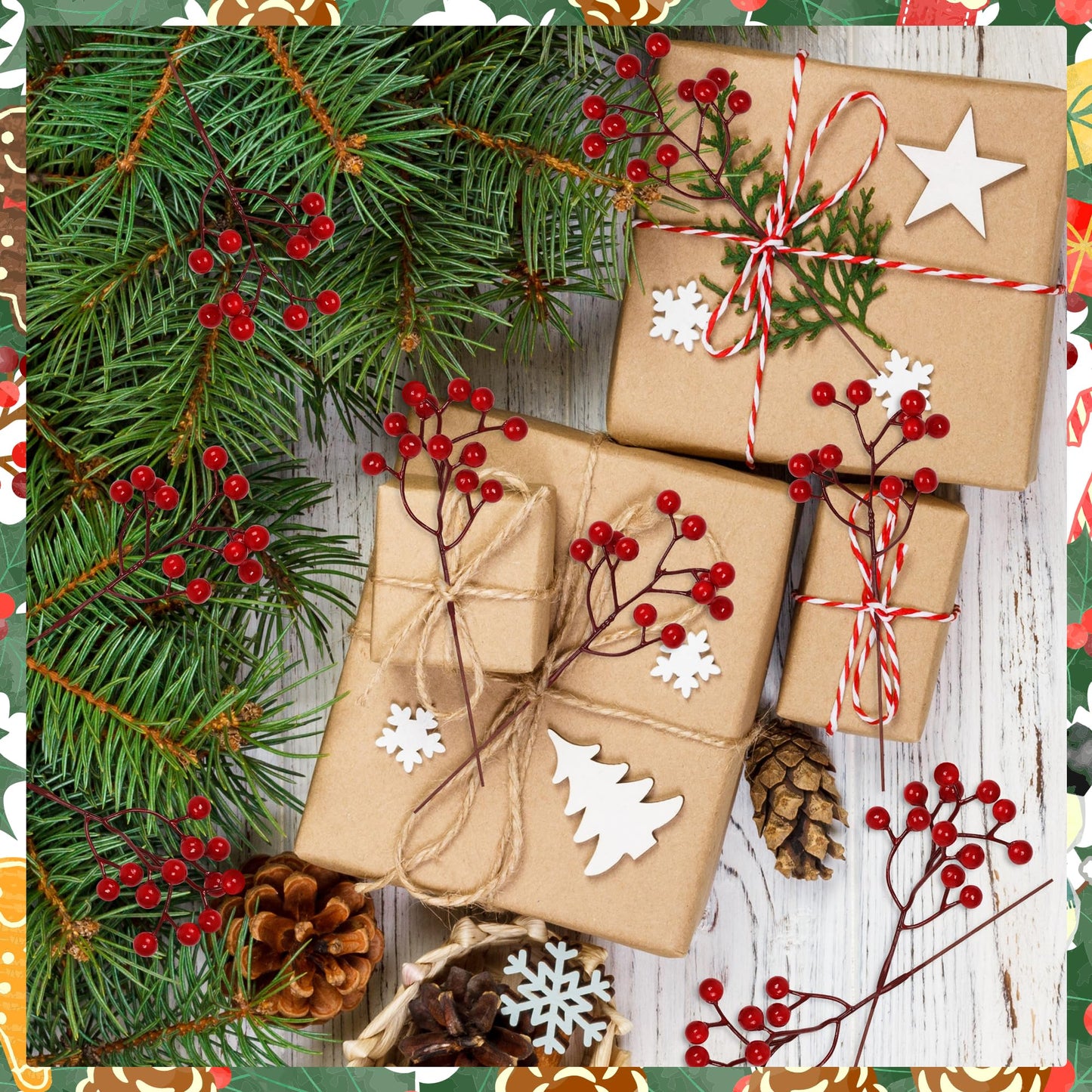 Vipay 24 PCS Christmas Tree Decorations, 7.08 in Red Berry Stem, Artificial Berry Picks Floral Pick for Wreath, Burgundy Holly Berries Branches Christmas Decor for Flowers DIY Garland