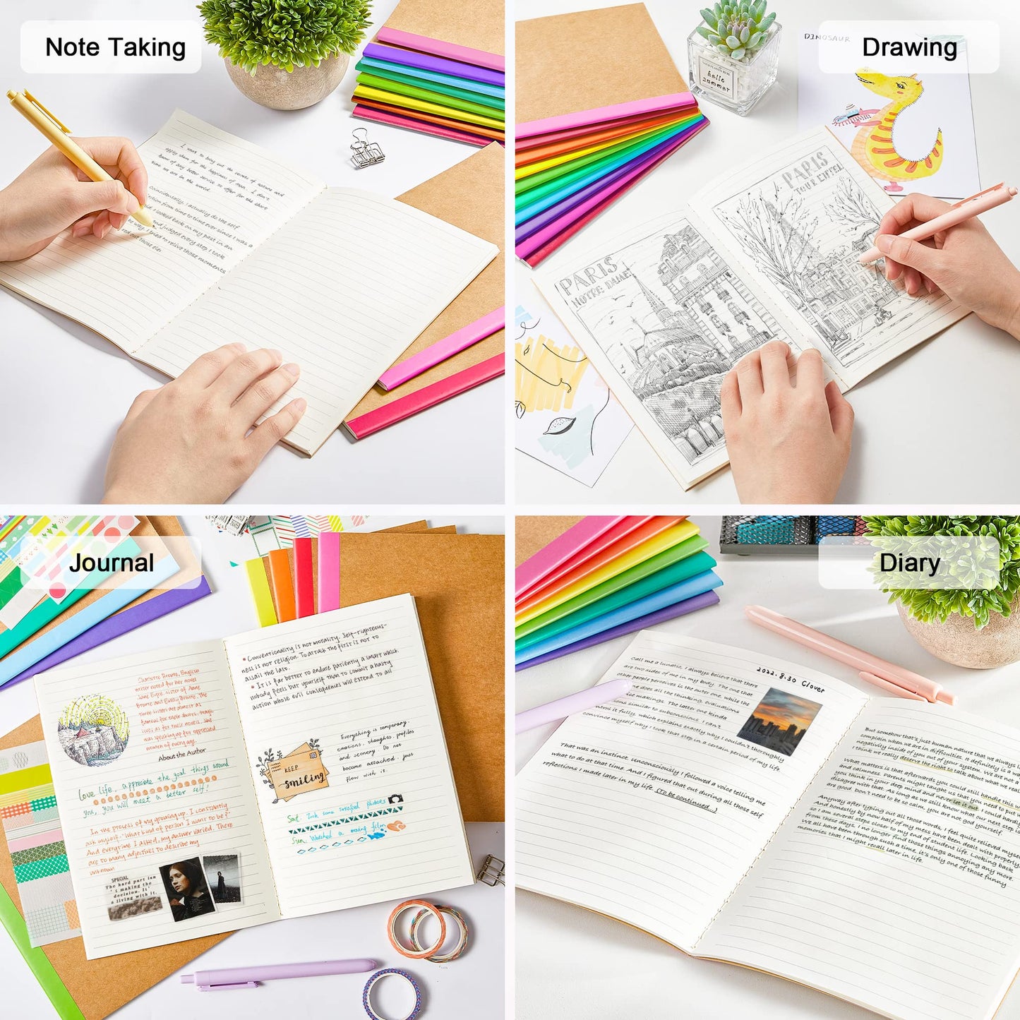 feela 48 Pack Composition Notebooks Bulk, Kraft Cover Lined Blank College Ruled Composition Travel Journals with Rainbow Spines For Women Students Business, 60 Pages, 8.3”x 5.5”, A5, 8 Colors
