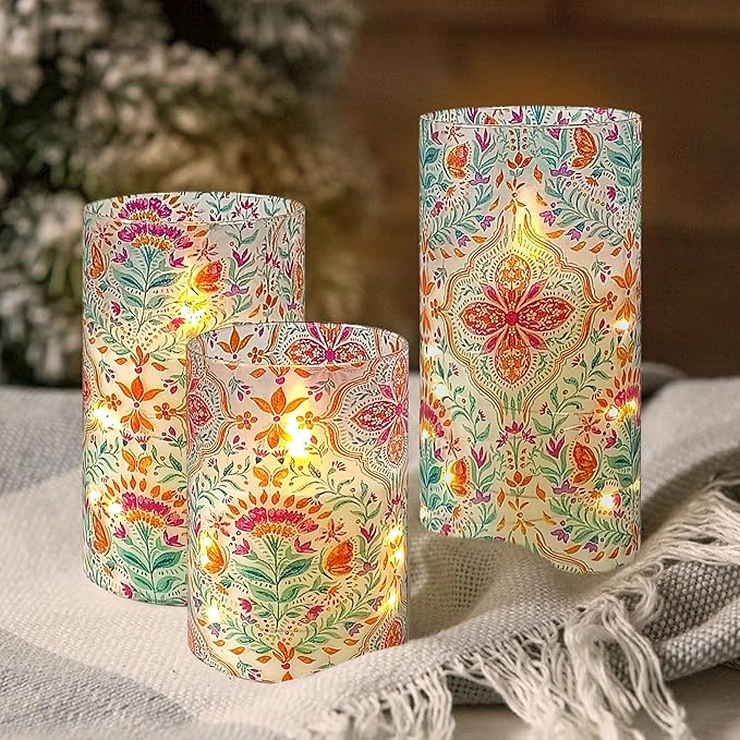 Printed Flameless Candles with String Lights - Set of 3 Colorful Battery Operated Candle Flickering Floral LED Pillar Candles with Timer Remote for Home Decor Romantic Ambiance,BFLY