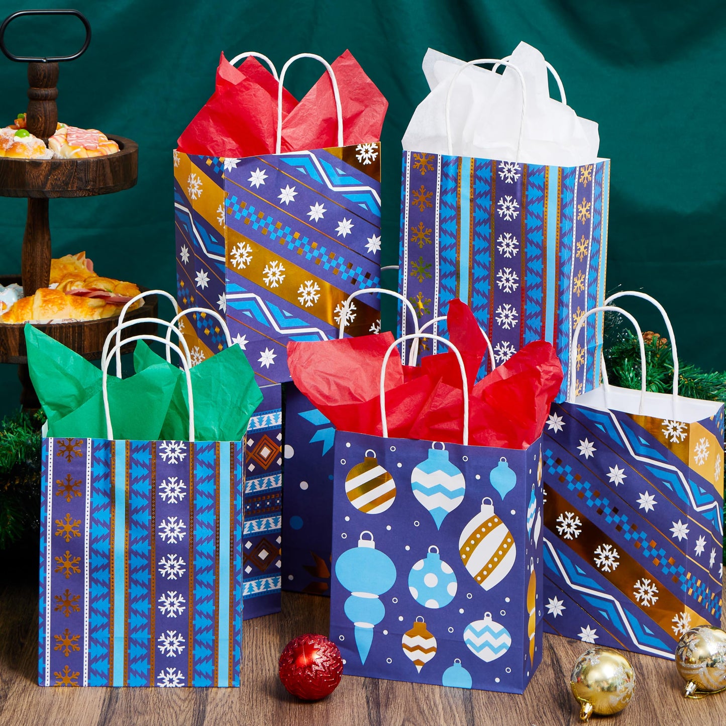 JOYIN 24 PCS Christmas Kraft Gift Bags Xmas Holiday Present Wrapping Paper Goody Bags with Handles for Classrooms and Wedding Decor, Party Favors and Decor Supplies (Blue, 9 x 7.3 x 3.3)