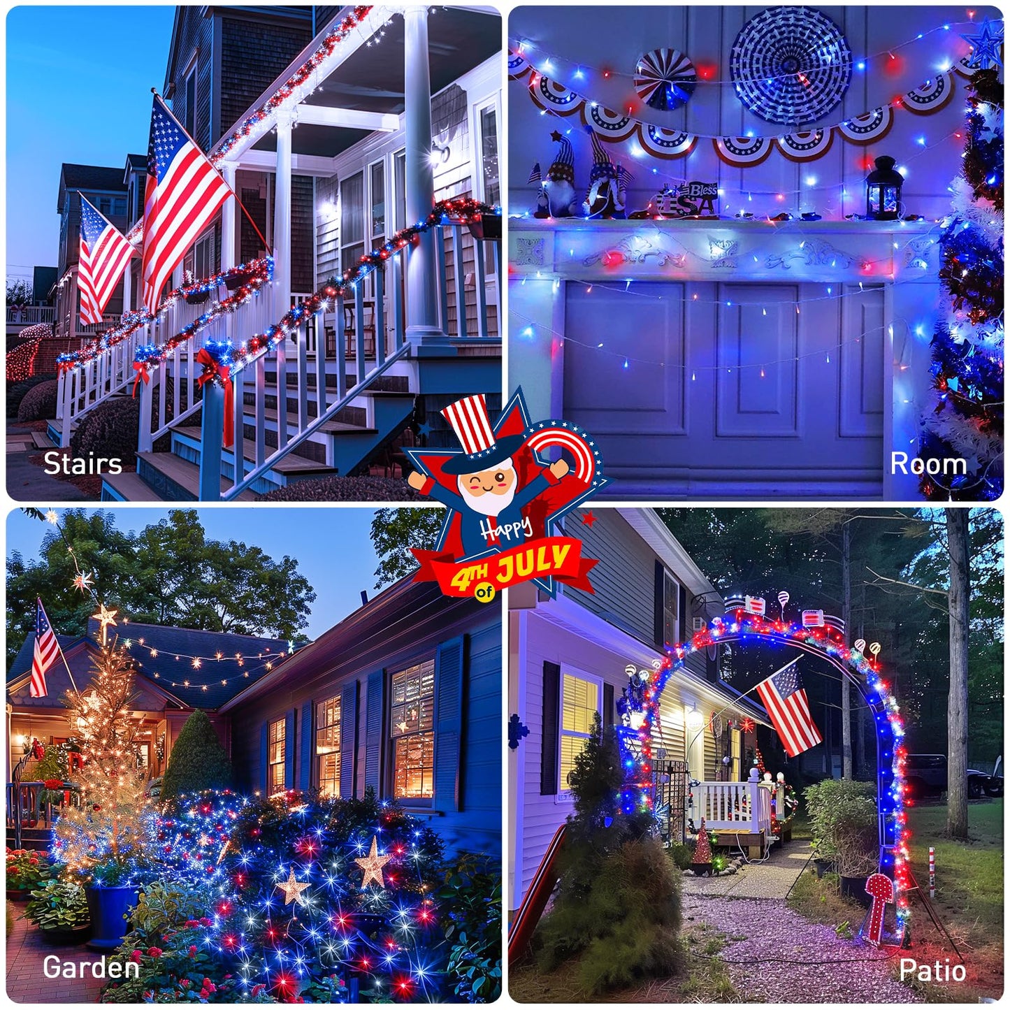 JMEXSUSS Red White and Blue Lights Clear Wire, 66 Ft 200 LED 4th of July Decorations String Lights Plug in, Christmas Light for Independence Day Celebration Party Memorial Day Patriotic Holidays Decor