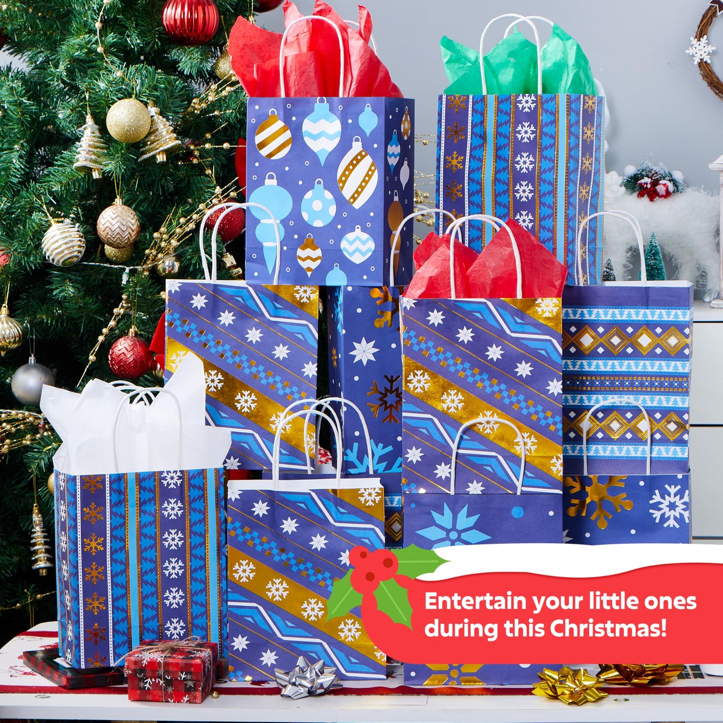 JOYIN 24 PCS Christmas Kraft Gift Bags Xmas Holiday Present Wrapping Paper Goody Bags with Handles for Classrooms and Wedding Decor, Party Favors and Decor Supplies (Blue, 9 x 7.3 x 3.3)